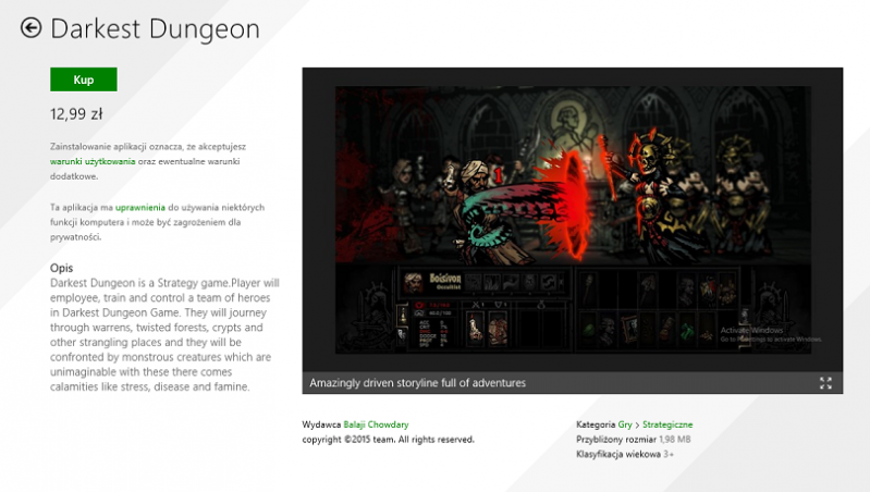 Nielegalna kopia Darkest Dungeon w sklepie aplikacji Windows 8