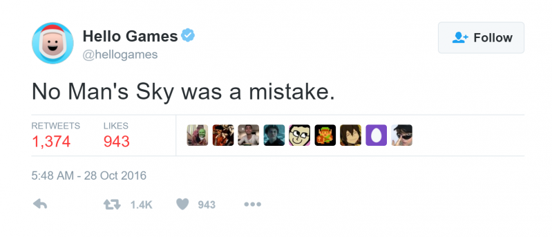 „No Man's Sky było błędem” - ogłosił Twitter Hello Games