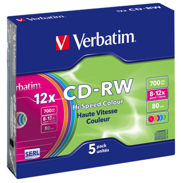 CDRW VERBATIM 700MB COLOUR X12 (5 SLIM)