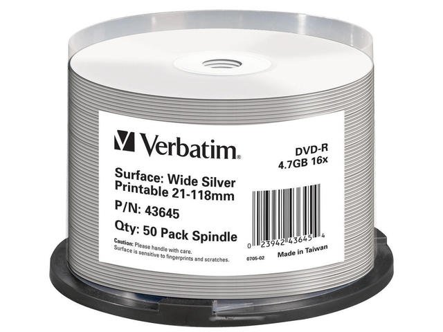 DVD-R VERBATIM 4.7GB X16 PRINTABLE SILVER (50 CAKE) NO ID BRAND