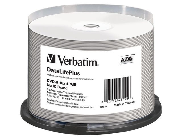 DVD-R VERBATIM 4.7GB X16 AZO DL+ PRINTABLE THERMAL (50 CAKE) NO ID BRAND WHITE