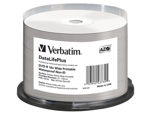 DVD-R VERBATIM 4.7GB X16 PRINTABLE (50 CAKE) NO ID BRAND WATERPROOF